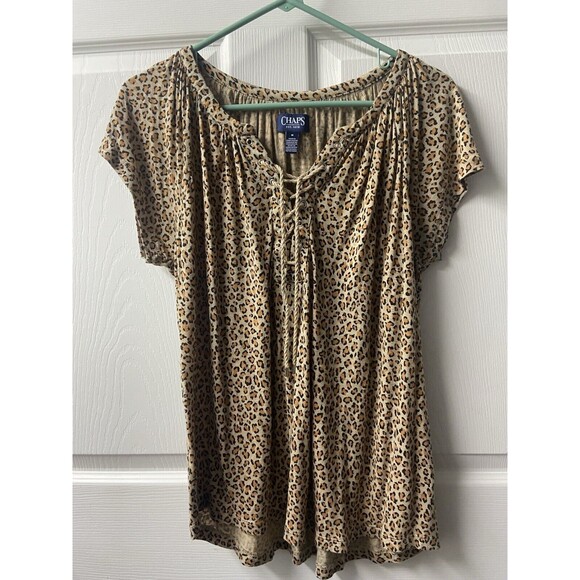 Chaps Ralph Lauren Top Womens Medium Brown Mob Wife Leopard Print Lace Up Knit - Picture 1 of 5
